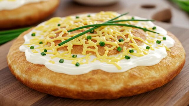 Delicious Hungarian Langos with Cheese and Sour Cream.