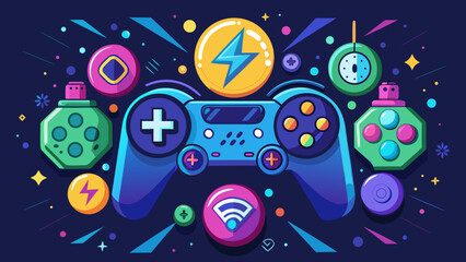 Stylized gaming controller surrounded by game elements