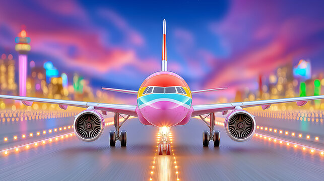 Vibrantly colored digital artwork featuring a passenger airplane positioned head-on at an airport runway during twilight or night,neon color.
