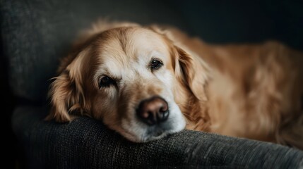 A close up portrait of a golden retriever dog resting peacefully on a comfortable sofa indoors