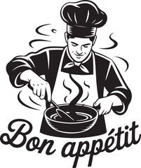 Chef cooking delicious food with bon app??tit text