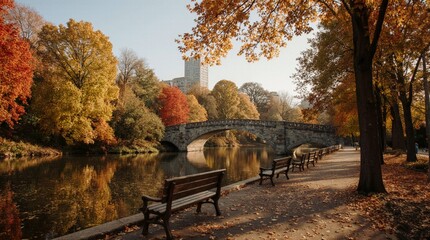 Central Park, New York in autumn. Bright golden and red trees, calm lake reflections, warm sunlight and clear blue sky. Peaceful fall landscape, dramatic colors, no people.