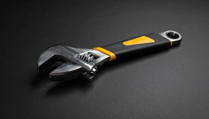 Metallic adjustable wrench with engraved handle placed diagonally on dark surface