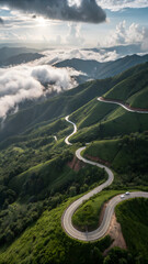 Winding Mountain Road Through Misty Hills — Scenic Journey and Natural Serenity
