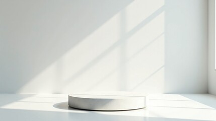 Minimalist white room interior with sunlight illuminating a circular pedestal