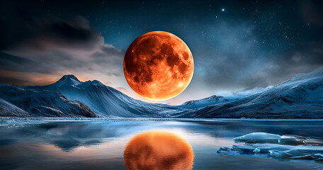 Stunning blood moon over icy mountains reflection