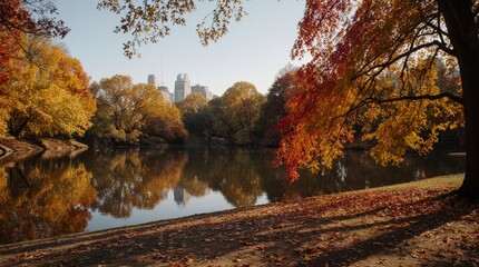 Obraz premium Central Park, New York in autumn. Bright golden and red trees, calm lake reflections, warm sunlight and clear blue sky. Peaceful fall landscape, dramatic colors, no people.