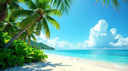 Lush Tropical Paradise White Sand Beach, Turquoise Ocean, and Palm Trees Swaying Gently in a Summer Breeze