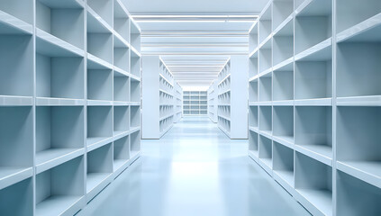 Obraz premium Modern, empty hall with white shelves creating a spacious, minimalist environment.
