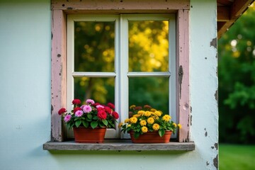 A charming window box with vibrant blossoms adds a touch of springtime beauty to a rustic, weathered window frame, creating a picturesque scene of simple elegance.