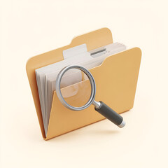 Obraz premium Magnifying glass over an open file folder containing organized documents.