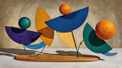 An abstract still life, with geometric shapes and spheres in vibrant colors.