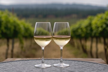 Close-up of wine glasses on a contemporary table with grapevines in the background, featuring a couple enjoying an outdoor wine tasting experience