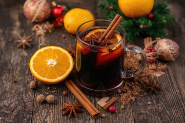 Winter holiday hot beverage with orange, cinnamon, star anise, clove, nutmeg, and more on a rustic wooden surface.