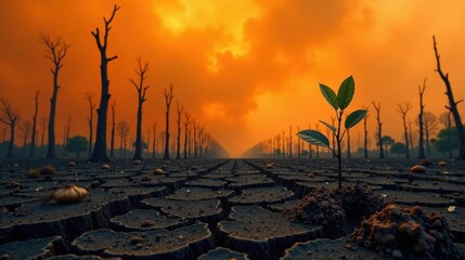 Resilience A lone sapling bravely emerges from cracked earth, amidst a landscape of barren trees under an intense, fiery sunset, symbolizing hope and renewal in the face of adversity.