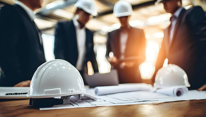 Meeting of professionals discussing construction plans with safety helmets.