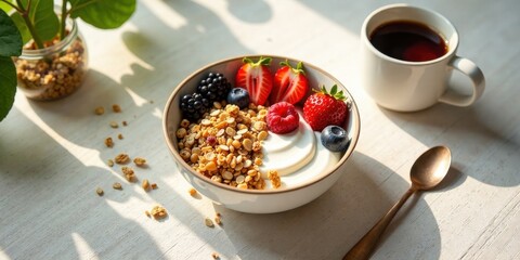 A sunlit breakfast bowl filled with creamy yogurt, crunchy granola, and vibrant berries, accompanied by a steaming cup of coffee and a bronze spoon on a white table