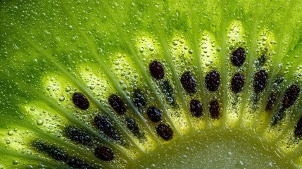 Macro Detail of Kiwi Fruit Cross Section with Green Pulp and Drops