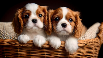 Two adorable puppies sitting in a wicker basket, showcasing their playful nature.