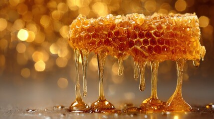 Close-Up of Dripping Honey from Honeycomb in Macro Photography