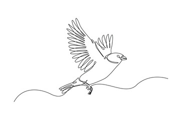 Flying sparrow bird in continuous one line drawing. Single line art illustration of cute sparrow bird. Editable vector.