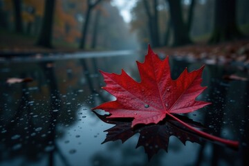 A vibrant crimson autumn leaf floats serenely on a dark, reflective puddle, mirroring its beauty in the still water, amidst a backdrop of hazy trees, hinting at the season's quiet transition.