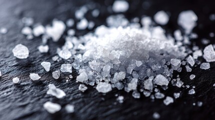 Extreme Macro Close-up of Coarse Sea Salt Crystals on Black Surface