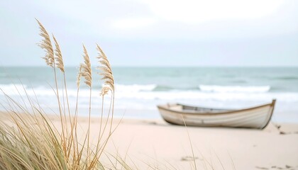 Wooden Boat on Sandy Beach with Dune Grass and Ocean View