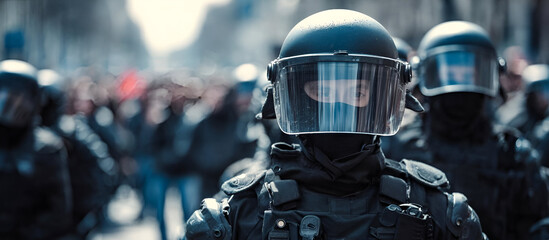 Naklejka premium Police presence at a protest, showcasing societal tensions and the need for dialogue.