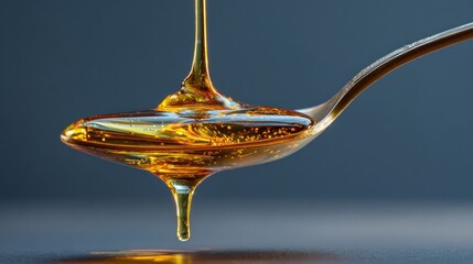 Golden Olive Oil Droplet Falling from Spoon with Reflective Surface