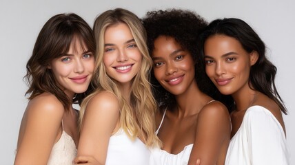Four diverse models posing together, showcasing beauty, friendship, and inclusivity in a professional fashion shoot