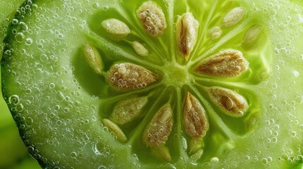 Close-Up of Cross Section of Fresh Green Cucumber with Seeds