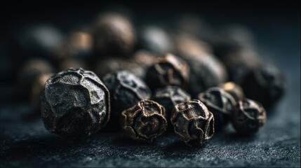 Close-up of Black Peppercorns on Dark Surfaces in Macro Photography