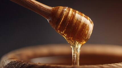 Close-Up of Honey Dripping from Wooden Dipper in Warm Light
