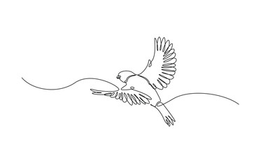 Flying sparrow bird in continuous one line drawing. Single line art illustration of cute sparrow bird. Editable vector.