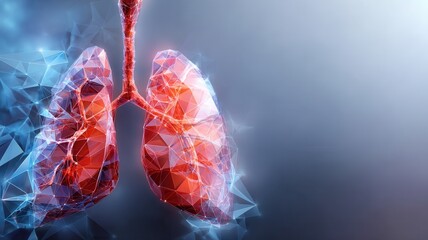 Red low poly lungs filling with air inside polygonal human chest, futuristic medical visualization