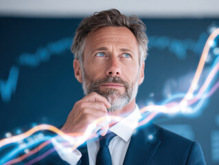Thoughtful businessman with beard and blue eyes analyzing financial data with glowing graph lines in foreground, showing focus and determination
