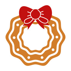 Flat style illustration of a gingerbread wreath cookie with a red bow, perfect for Christmas, New Year, winter holiday baking, and festive food designs.