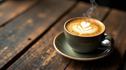 Aromatic Coffee Drink with Latte Art on Rustic Wooden Surface