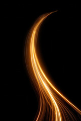 Light trail abstract glowing curve on black background creates dynamic energy and motion effect with warm golden color lines