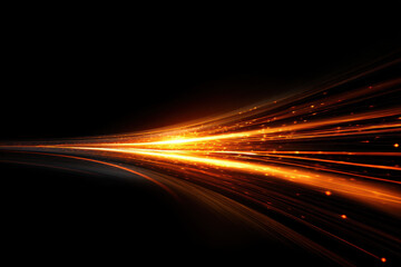Glowing orange light streaks with spark particles on black background create dynamic and energetic abstract digital design
