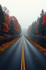 Autumnal Road Through Misty Forest Reflecting in Still Water