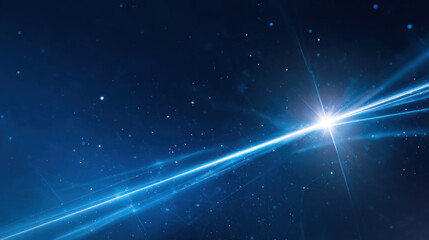Bright blue laser beam shining in dark space with glowing particles and starry background creating futuristic and dynamic atmosphere