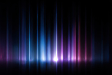 Colorful vertical light beams blue and purple shades create glowing abstract background with reflective surface, evoking futuristic and vibrant