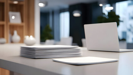 Fototapeta premium Modern office workspace with laptop and stacked papers on table.