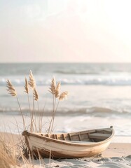 Wooden Boat on Sandy Beach with Dune Grass and Ocean View