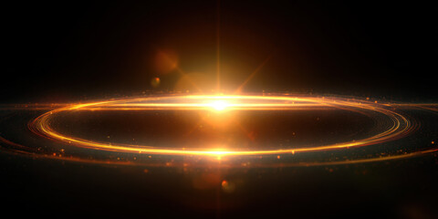 Glowing golden light ring with bright flare and spark particles on dark background creating magical and futuristic atmosphere