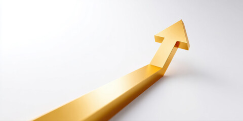 Golden arrow pointing upward symbolizing growth and success with clean white background for positive and inspiring concept
