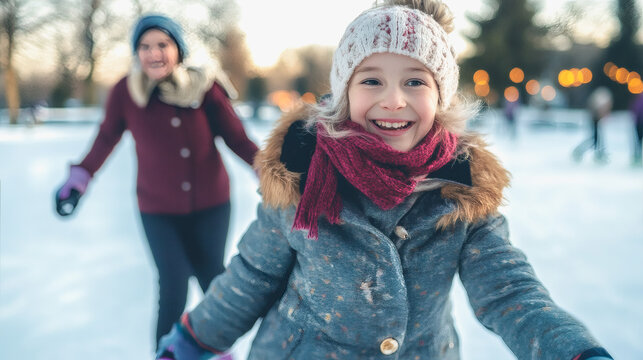 Happy female child having fun with grandmother ice skating during winter time - Sport, active lifestyle and family concept