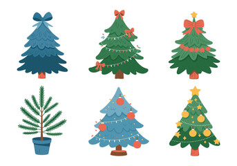Obraz premium Collection of six festive decorated christmas trees various styles for holiday season silhouette